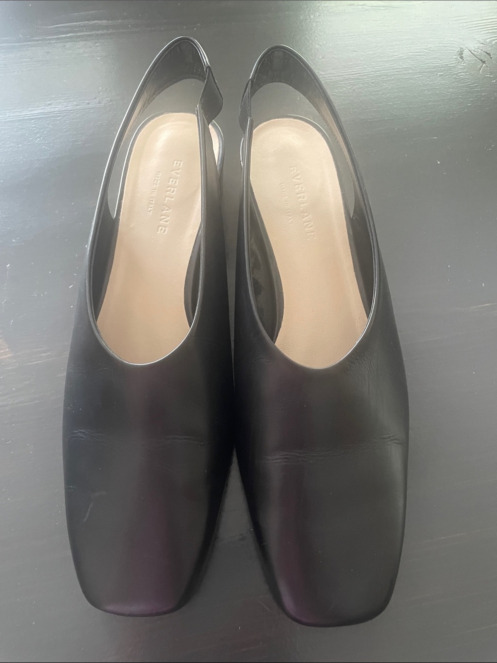 Everlane Black Leather Square-Toe Slingback Flats- Fit Small Listed as 9.5
